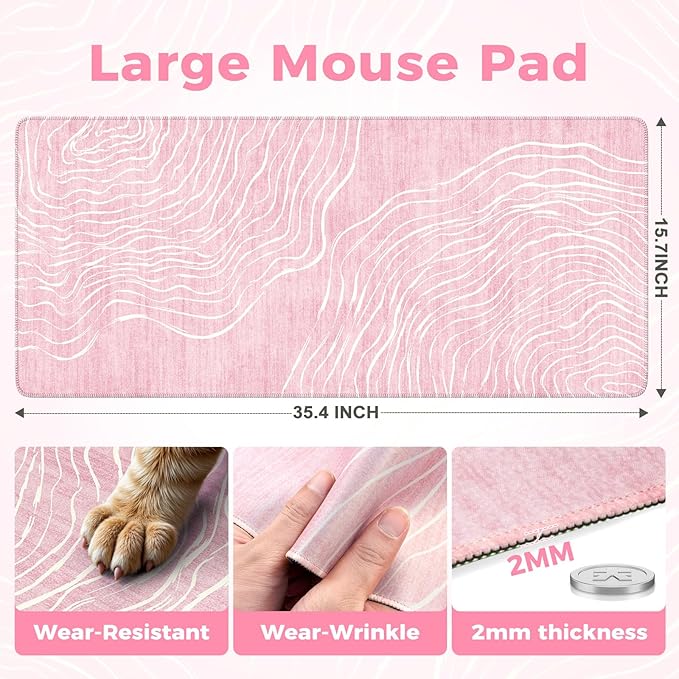 iCasso Large Desk Mat Pink,Big Mouse Pad with Stitched Edges,Aesthetic Computer Pad for Desktop,Anti-Slip Keyboard Mat for Women,Cute Girly Desk Cover Protector Work from Office Home Dorm