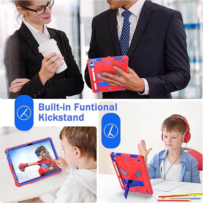 Dteck for iPad Air (3rd Generation) 2019 and iPad Pro (2017 Release) Hard Case 10.5" with Kickstand, Shoulder Strap/Screen Protector Film/Stylus Included, Shockproof Cute Spider Kid's Cover, Red/Blue