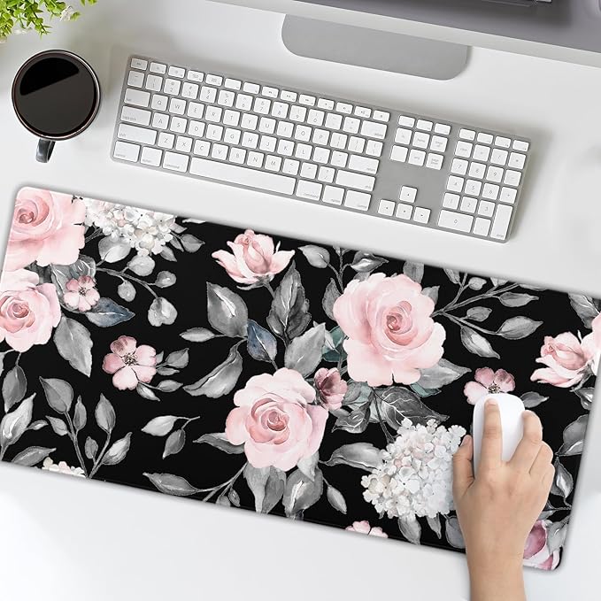Floral Extended Gaming Mouse Pad Non-Slip Rubber Base Black Large Mousepad 35.4×15.7in with Stitched Edge Waterproof Pink Peony Flowers Pads Computer Black Desk Laptop Mats for Work Game/Office Home