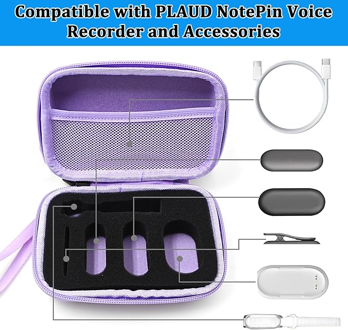 Protective Case for PLAUD NotePin Voice Recorder - Custom Fit Foam Holds All Accessories, Waterproof & Shockproof (Case Only) (Purple)