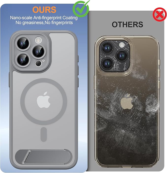 Magnetic Compatible with iPhone 15 Pro Max Case, [Built-in Kickstand][Full Camera Protection][Compatible with MagSafe][Anti-Fingerprint] Shockproof Phone Case for iPhone 15 Pro Max 6.7",Grey