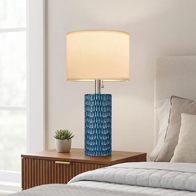 Reaketon Table Lamps for Living Room Set of 2, Ceramic Table Lamps for Bedroom, 20" Modern Lamps for Night Stands, Blue