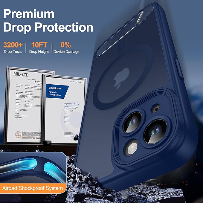 Magnetic Compatible with iPhone 15 Case, [Built-in Invisible Kickstand][Compatible with MagSafe][Full Camera Protection] Translucent Matte Phone Case for iPhone 15 6.1",Blue