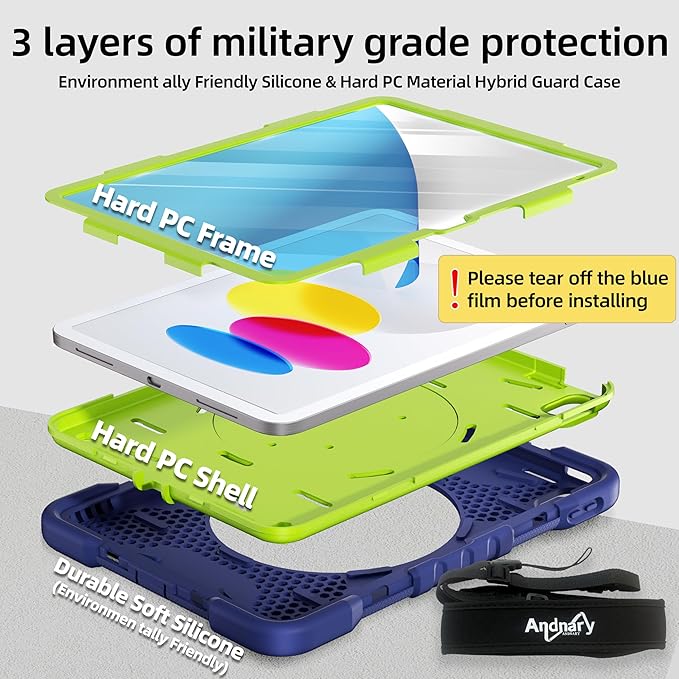 Andnary Case for iPad (A16) 11th Generation 11 inch 2025/10th Generation 10.9 inch 2022, Shockproof Cover with Screen Protector/360° Rotate Handle/Bracket/Pen Holder/Shoulder Strap (Navy+Green) | (A16), 2025, 2022, Heavy Duty, Shockproof Cover