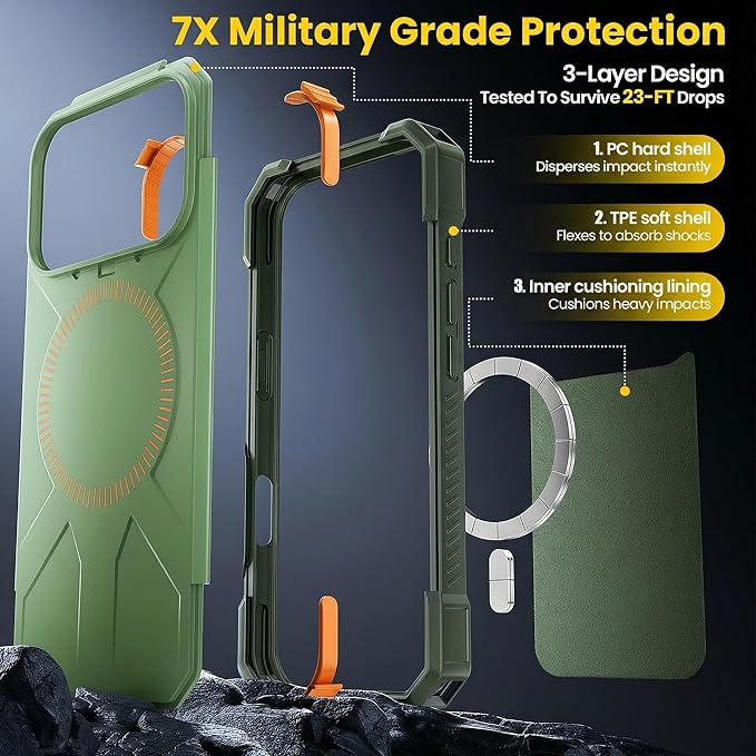 3 in 1 for iPhone 17 Pro Max Case,[1 Screen Protector & 1 Camera Lens Protector ],7X Military-Grade Drop Protection ,Fits MagSafe ,Tough, Rugged & Durable for Heavy Duty iPhone 17 Pro Max Case, Green