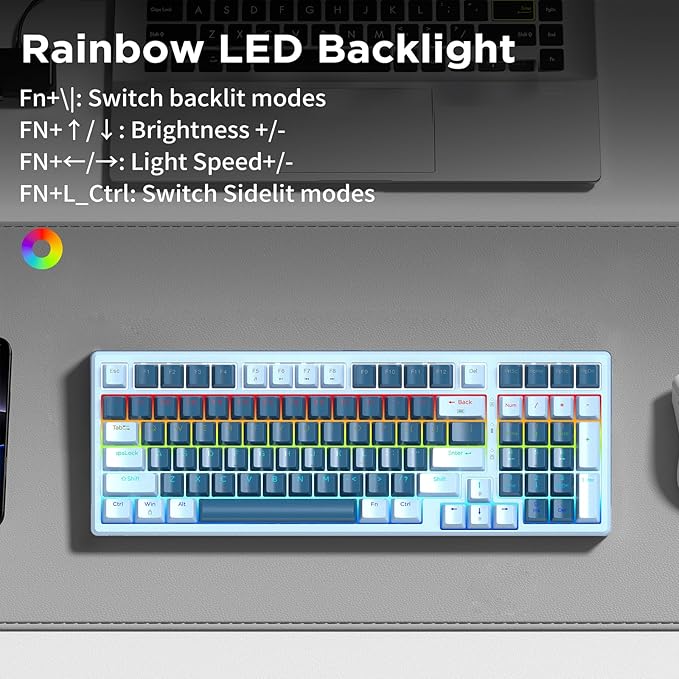 HUO JI 96% Wireless Mechanical Keyboard, Hot Swappable, Pre-lubed Blue Switches, Gasket Structure, Bluetooth/2.4GHz/USB-C, Led Backlit Sidelit, Custom Gaming Keyboard for PC (Blue)