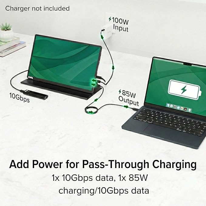 Plugable 15.6" USB-C Portable Monitor with 100W Pass-Through Charging | 2X USB-C 10Gbps Hub | FHD 1920x1080 IPS Display for Mac, Windows, iPad, Smartphone | 1.85lbs, Travel Cover/Stand Included