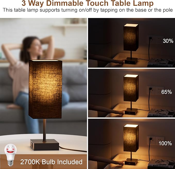 Bedside Table Lamps Set of 2, Touch Bedroom Lamp with USB C+A Charging Ports, 3 Way Dimmable Lamps for Night Stands, Small Table Lamp for Bedroom Decor, LED Bulbs Included, Upgraded Black