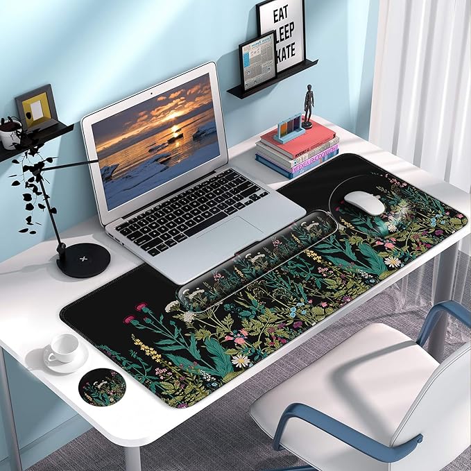 Desk Mat Set + Keyboard and Mouse Pad with Wrist Rest Support,4-in-1 Large Mousepad Computer Mats for Desktop Home & Office-Floral Flowers