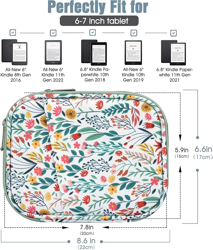 TiMOVO 6-7 Inch Tablet Sleeve for eReader Book Paperwhite/Colorsoft Signature Edition, Protective Sleeve Cover Case with Pocket for E-Reader/Oasis & Kobo Devices, Flowers
