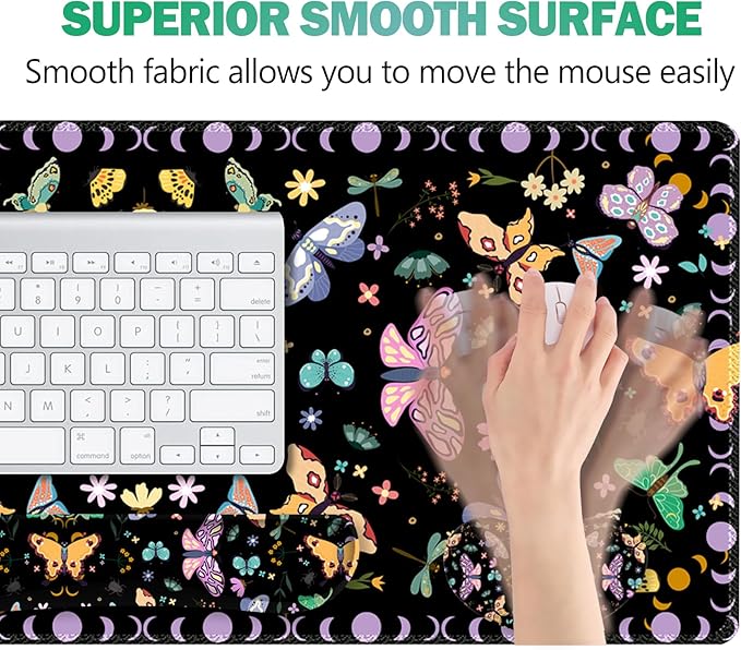 ARTSO Desk Mat Set, Black Butterfly Extended Gaming Mouse Pad with Wrist Rest Support +Keyboard Wrist Rest +Coaster, Large Cute Mousepad, Easy Typing and Pain Relief