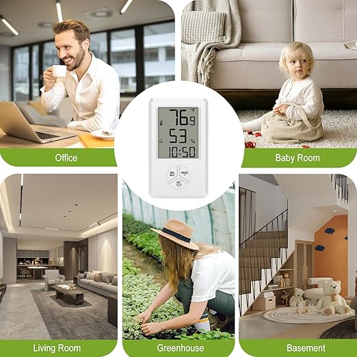 Urageuxy Digital Hygrometer Indoor Thermometer Humidity Meter with Temperature and Humidity Room Thermometer with Time Alarm Clock for Home, Bedroom, Baby Room, Office, Greenhouse, Cellar