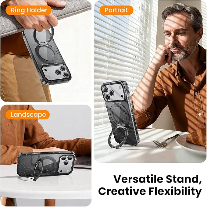 360°Ring Stand for iPhone 17 Pro Max Case with 1X Screen Protector +1X Camera Cover,Fit for MagSafe, Anti-Yellowing & Scratch-Resistant Back Phone Case for iPhone 17 Pro Max 6.9", Clear Black Glitter