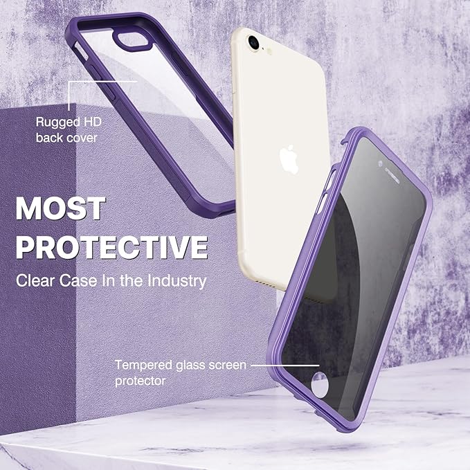 CENHUFO Privacy Case for iPhone SE 2022 3rd / iPhone SE 2020 2nd / iPhone 8/7, Full Body Phone Cover with Built-in 9H Tempered Glass Privacy Screen Protector, Anti Peep Shockproof Bumper - Purple