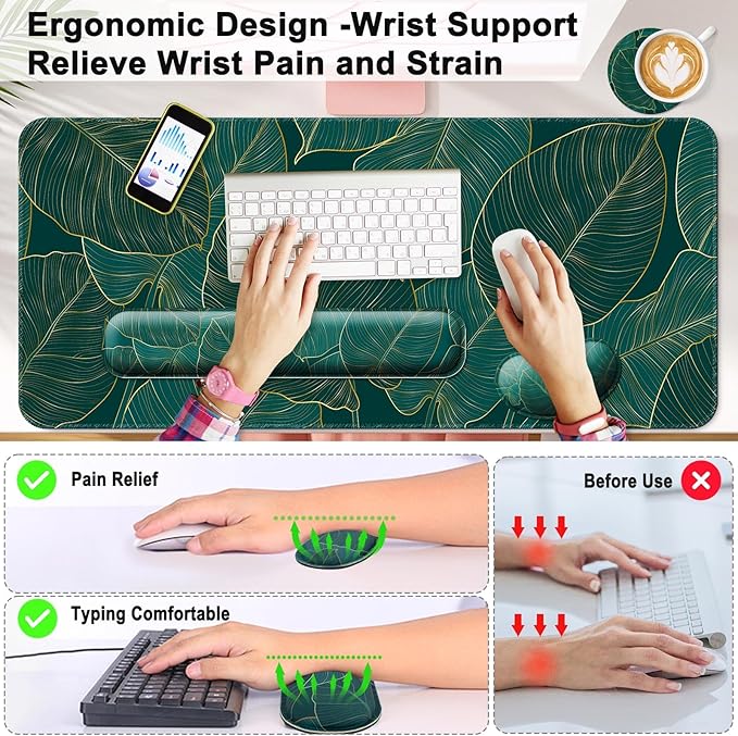 Keyboard Wrist Rest + Mouse Pad with Wrist Support + Desk Mat + Coaster 4 in 1 Set, XXL Large Gaming Mousepad Cute Ergonomic Mouse Pads for Desk Computer Laptop Office Decor-Green Leaves