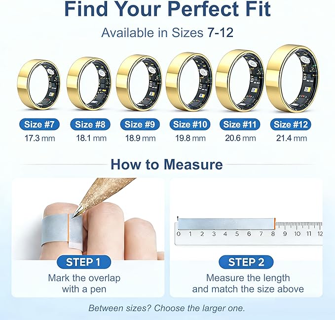 Smart Ring Health & Fitness Tracker for Men & Women, Heart Rate, SPO₂, Sleep & Activity Monitoring, IP68 Waterproof, Long Battery Life, Family Care Mode, No Subscription Fee (Gold, 12)