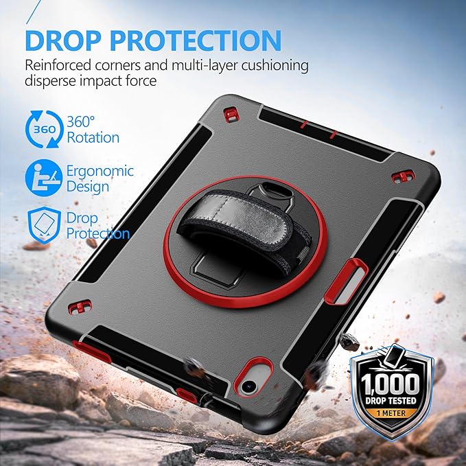 Case for iPad (A16) 11th/10th Generation Case: Protective Cover for iPad 11th Gen 11 Inch 2025 &10th Gen 10.9" 2022 with Screen Protector- Stand- Shoulder Strap- Handle- Pencil Holder-Red+Black