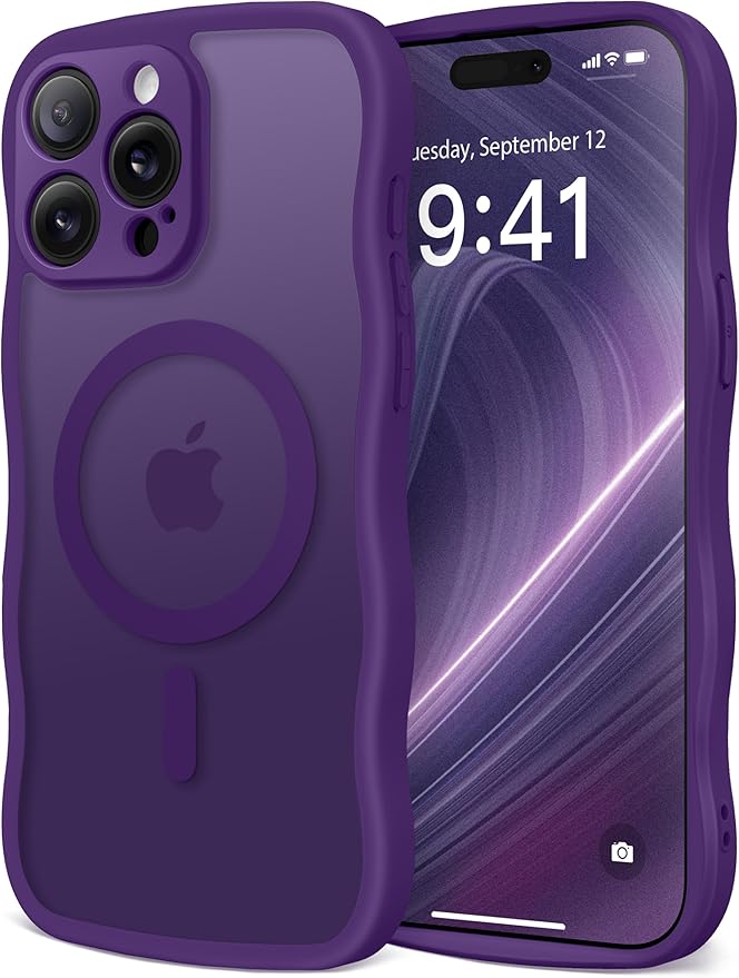 CAPRARO Cute for iPhone 15 Pro Case, Compatible with MagSafe, [Curly Wave Edge] [Full Camera Protection] [14 FT Drop Protection] Magnetic Phone Case for 15 Pro 6.1 Inch, Deep Purple