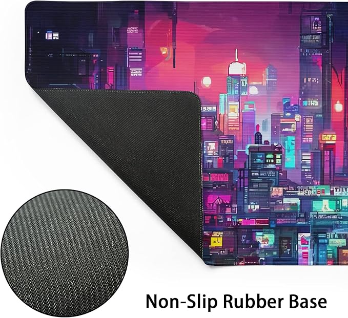 Retro Japanese Anime Gaming Mouse Pad XXL Cool Dark Purple Red Vaporwave City Extended Large Desk Mat Big Mousepad Non-Slip Rubber Base Stitched Edge Long for Computer, 35.4x15.7 in