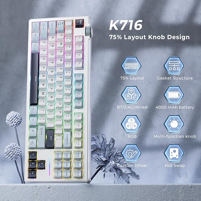 Redragon K716 Wireless Mechanical Keyboard with Knob, Gasket Gaming Keyboard in TKL Layout, Hot swap Pre-Lubed Switches, RGB Backlight, for PC/Mac (White)