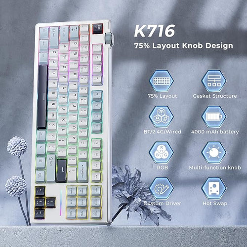 Redragon K716 Wireless Mechanical Keyboard with Knob, Gasket Gaming Keyboard in TKL Layout, Hot swap Pre-Lubed Switches, RGB Backlight, for PC/Mac (White)