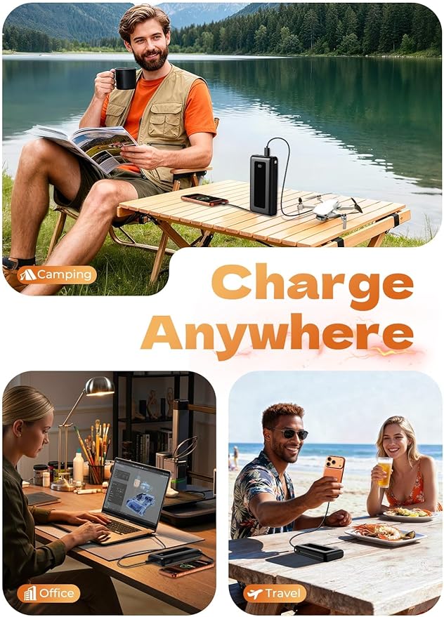 Power Bank, 50000mAh Portable Charger, Travel Camping Essential Battery Pack with Built-in Cables, PD 22.5W Fast Charging, Large Capacity Portable Phone Charger, Jet Black