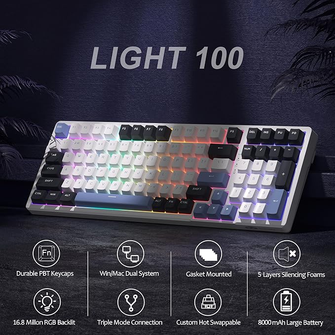 MageGee LIGHT100 Wireless Creamy Keyboard, Gasket Structure Hot Swappable, Tri-Mode 2.4G/USB-C/BT5.0 RGB Backlit Mechanical Gaming Keyboard for Win/Mac/PC, PBT Keycap, 4000mAh Battery, Blue