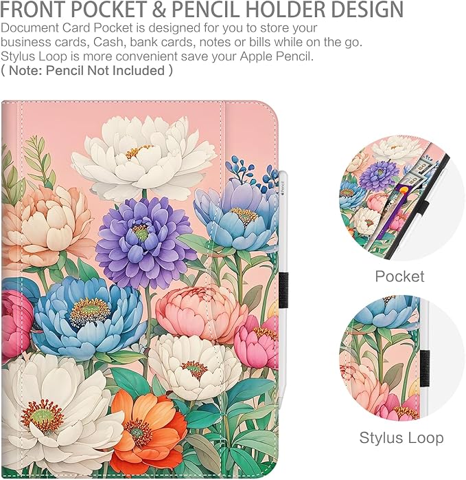 Case for iPad Air 13-inch M4/M3/M2, iPad Pro 12.9 6th/5th/4th/3rd Generation Case with Pencil Holder Multi-Angle Adjustable Stand Shockproof with Pocket/Hand Strap/Auto Wake Sleep Peony Floral