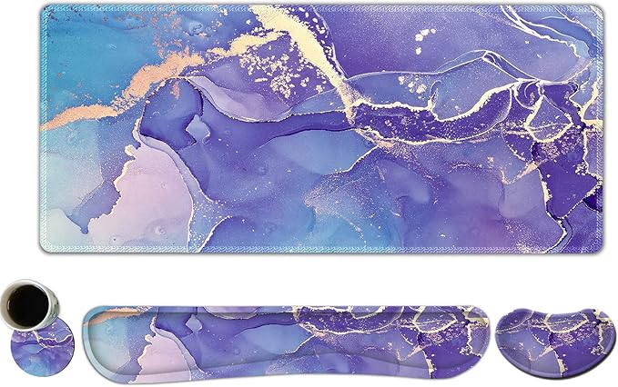 DINKY Keyboard Mouse Pad Set, Large Gaming Mousepad + Memory Foam Ergonomic Keyboard Wrist Rest Support, Easy Typing Pain Relief, 4Pcs (35.4" x 15.7") Extended Desk Mat-Modern Purple Marble