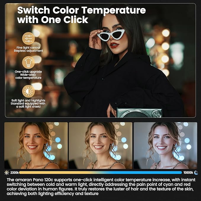 Amaran Pano 120c Kit Led Video Panel Light 120W RGBWW Full Color Lights,CCT 2,300K-10,000K,12 Lighting Efects,App Control,Support USB-C PD,with Softboxes and Carrying Case (White)