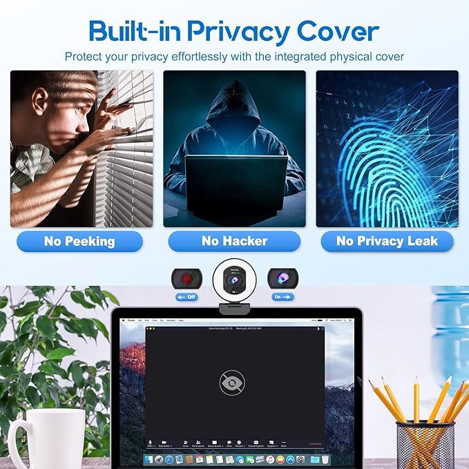 4K Webcam with Ring Light Web Cam 4K Autofocus with TOF Computer Camera 1080P 60FPS Web Camera Built-in Privacy Cover and Microphone Streaming Webcams for Zoom/Skype/Google Meet
