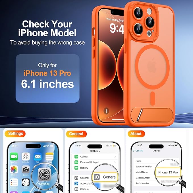 Magnetic Compatible with iPhone 13 Pro Case, [Built-in Kickstand][Full Camera Protection][Compatible with MagSafe][Anti-Fingerprint] Shockproof Phone Case for iPhone 13 Pro 6.1",Orange