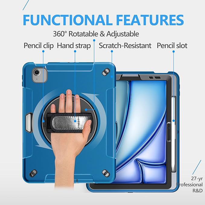 Case for iPad Air 11 M4 2026/ M3 2025/ M2 2024: TPU Cover for iPad Air 5th & 4th Generation 10.9 Inch (2020/2022) with Screen Protector- Stand- Handle- Shoulder Strap- Pencil Holder