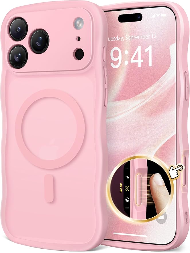 CAPRARO Magnetic for iPhone 17 Pro Case for Women Girls, Upgraded [Full Camera Protection] [Compatible with MagSafe] Cute Wave Translucent Matte Phone Case for iPhone 17 Pro, Peach Pink