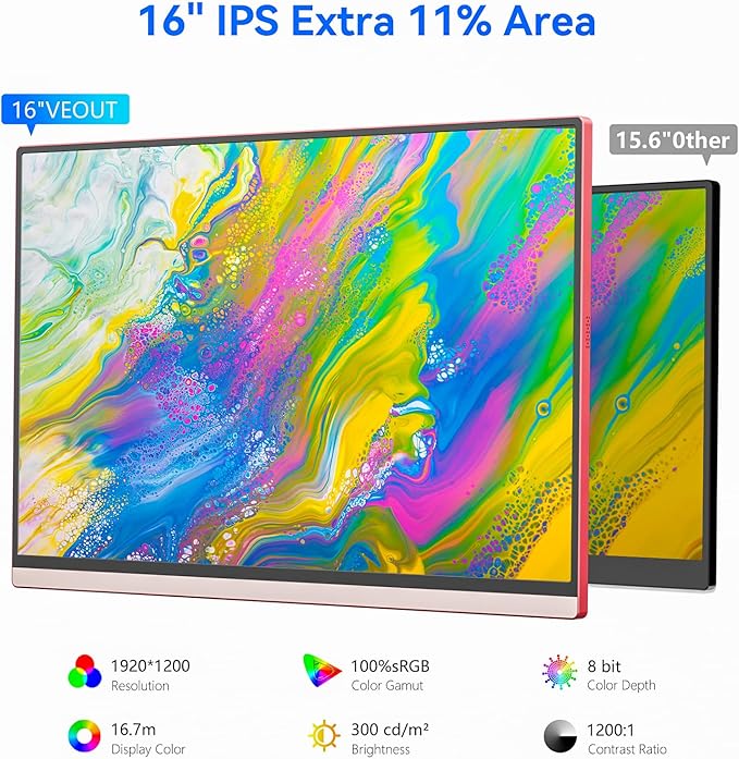 Veout 16Inch Pink Portable Monitor for Laptop, 1920x1200P IPS 16:10 Computer External Screen, 100% sRGB Stand Support Freesync, for Girl Phone, PC Home Use