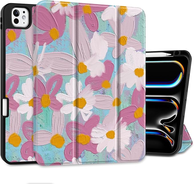 MEEgoodo Case for M5 iPad Pro 11 inch 2025/M4 iPad Pro 11 inch Case 2024, Tablet Cover with Trifold Stand & Pencil Holder & Auto Wake/Sleep & Soft TPU Back Cover, Art Plants Floral