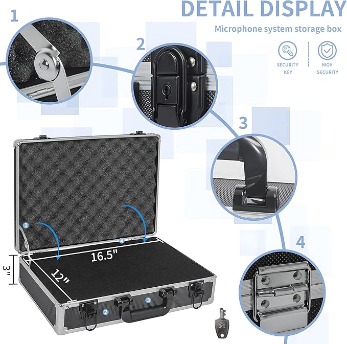 17 Inch Hard Shell Carrying Case Ideal for Wireless Mic System Storage & Camera Gear Transportation, Customizable Pre-Diced Foam, Aluminum Alloy Sturdy Build, Black