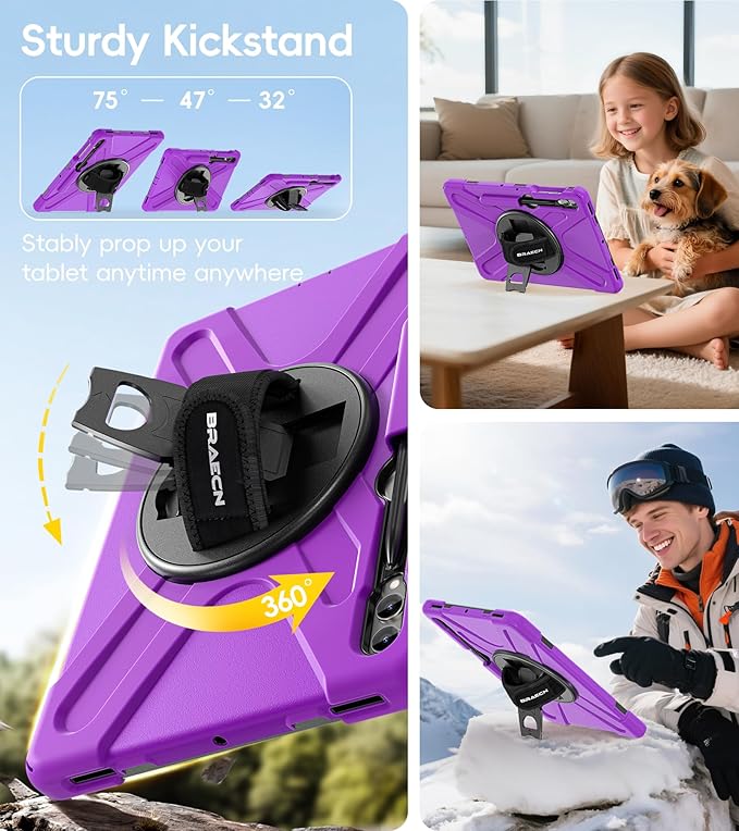 BRAECN for Samsung Galaxy Tab S10+ Plus/S9+/S9 FE + /S8+ Plus/S7 +Plus /S7 FE 12.4 Inch,Heavy Duty Shockproof Case with S Pen Holder&360 Rotating Hand Strap/Kickstand/Shoulder Strap -Purple