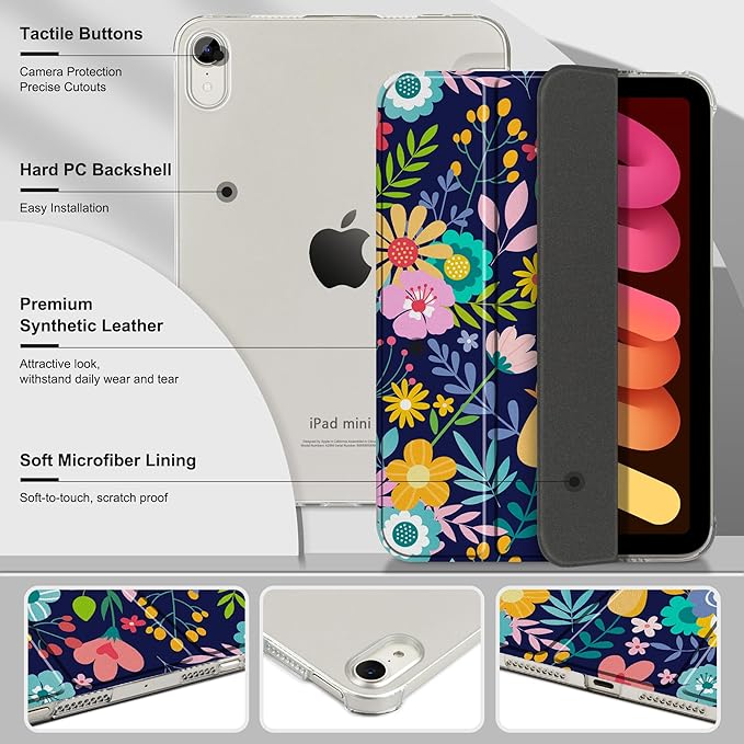 DONGKE for iPad Mini 7 (A17 Pro) 2024 & iPad Mini 6 2021 8.3 Inch, Slim Foldable Stand Hard PC Translucent Back Shell Smart Cover for iPad Mini 7th/6th Generation [Auto Wake/Sleep] - Beautiful Flowers