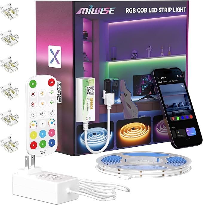 MIWISE RGB COB LED Strip Light, UL-Listed Music Sync Color Changing Dimmable Super Bright LED Lights, Multicolor Flexible Tape Light with RF Remote/App Control, for Bedroom, Party DIY Decor, 32.8ft