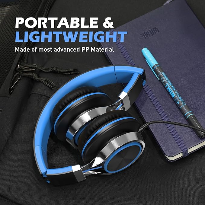 AILIHEN C8 Kids Headphones Wired, On-Ear Headphones with Microphone and Volume Control Foldable Corded Stereo 3.5mm Headset for School Teens Smartphones Chromebook Laptop Tablets Travel (Black Blue)