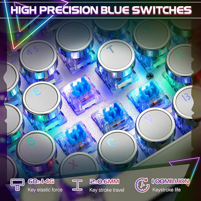 YSCP Typewriter Style Mechanical Gaming Keyboard RGB Backlit Wired with Blue Switch Retro Round Keycap 104 Keys Keyboard (R-White)