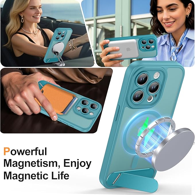 Magnetic Compatible with iPhone 15 Pro Case, [Built-in Kickstand][Full Camera Protection][Compatible with MagSafe][Anti-Fingerprint] Shockproof Phone Case for iPhone 15 Pro 6.1",Lake Blue