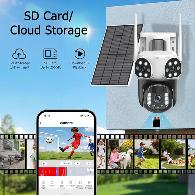 4K Solar Security Camera Wireless Outdoor with Dual-Lens,2.4G WiFi Cameras for Home Security with WiFi 6,8MP Color Night ViSion,PIR Motion Detection,Auto Tracking,2-Way Audio,Spotlight Siren,Alexa