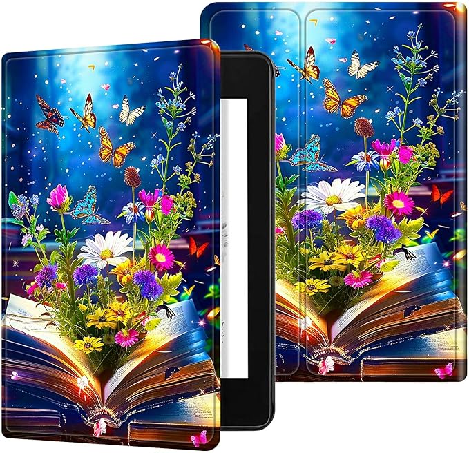 for All-New 6" Kindle 11th Generation 2024/2022 Release E-Reader Case, Slim Kickstand Stand Leather Smart Cover with Auto Wake/Sleep, Book Flower