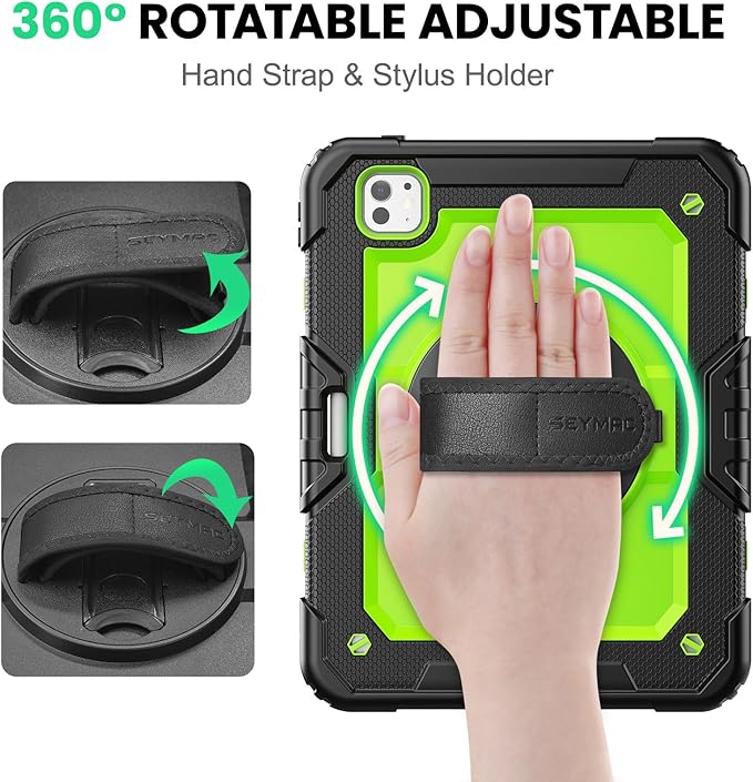 SEYMAC for iPad Pro 11 Inch Case M5 2025 / M4 2024, Heavy Duty Shockproof Protective Case with Screen Protector, 360° Rotating Stand, Hand/Shoulder Strap and Pen Holder, Green