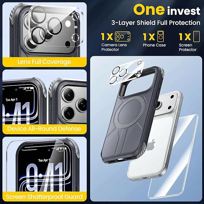 3 in 1 for Heavy Duty iPhone 17 Pro Max Case with Screen Protector & Camera Lens Protector ,7X Military-Grade Drop Protection ,Fits MagSafe ,Rugged & Slim shockproof Case for iPhone 17 Pro Max ,Black