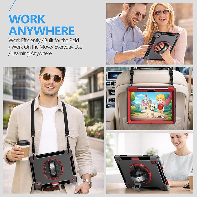 Case for iPad (A16) 11th/10th Generation Case: Protective Cover for iPad 11th Gen 11 Inch 2025 &10th Gen 10.9" 2022 with Screen Protector- Stand- Shoulder Strap- Handle- Pencil Holder-Red+Black