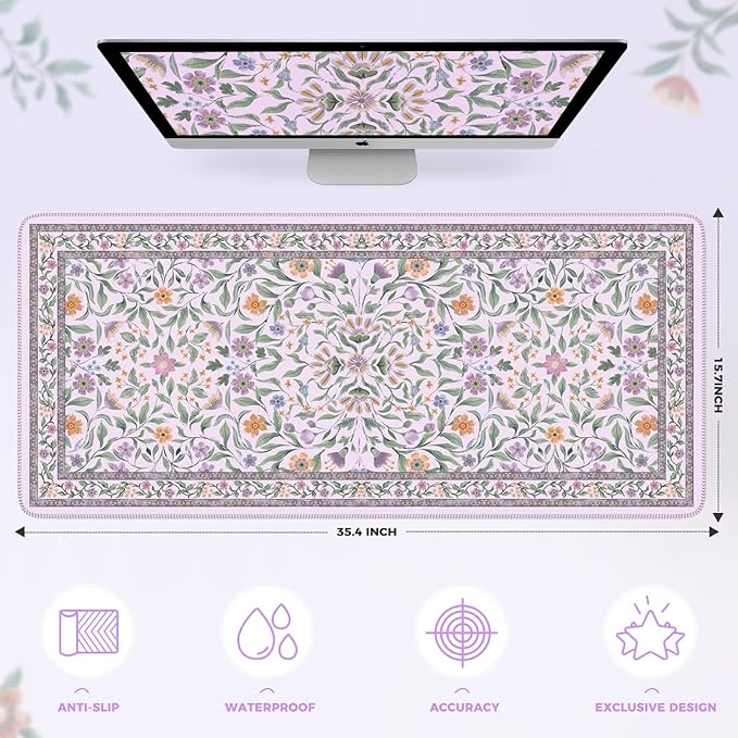 iLeadon Desk Matt for Desktop, Purple Mouse Pad for Keyboard, Floral Gaming Desk Mat with Non-Slip Base, Stitched Edges Large Keyboard Mat 35.4x15.7 Inch for PC & Home Office (Purple)