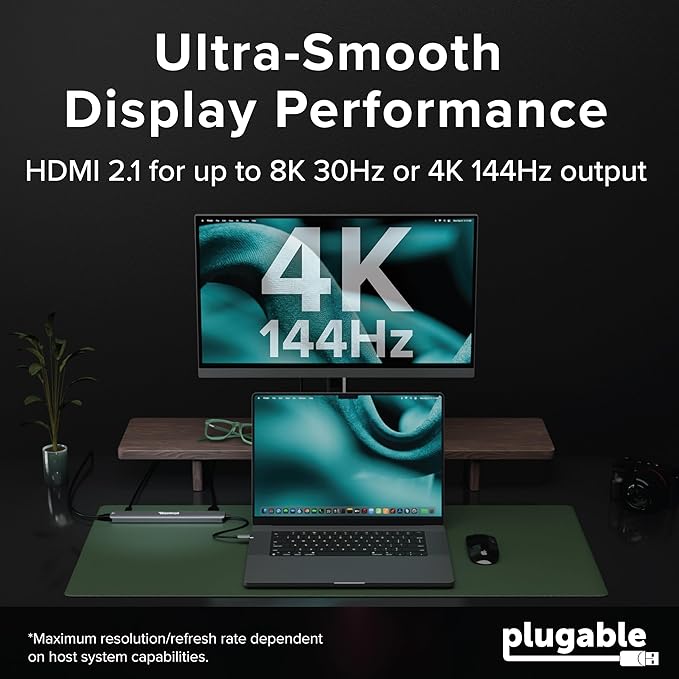 Plugable USB C Hub: 10-in-1 Multiport Adapter (8K/4K 144Hz HDMI 2.1, 2.5G Ethernet, 140W Charging, 10Gbps Data) Driverless IT Deployment for MacBook Pro/Air Windows Thunderbolt Chromebook, USBC-10IN1E